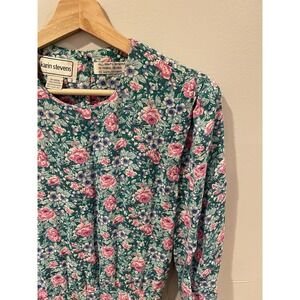 Vintage 80's Karin Stevens Dress Size 8 Green Floral Cottagecore Retro Prairie